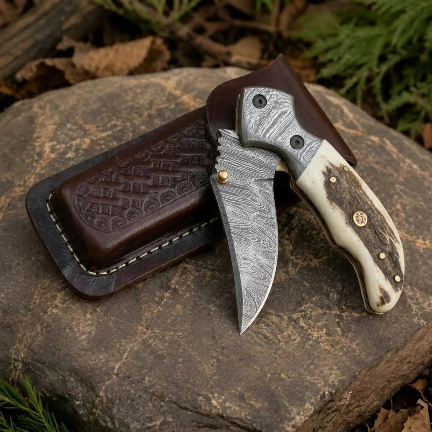 Damascus Folding Knife, Stag Antler Handle, Tooled Leather Sheath, Collector Knife