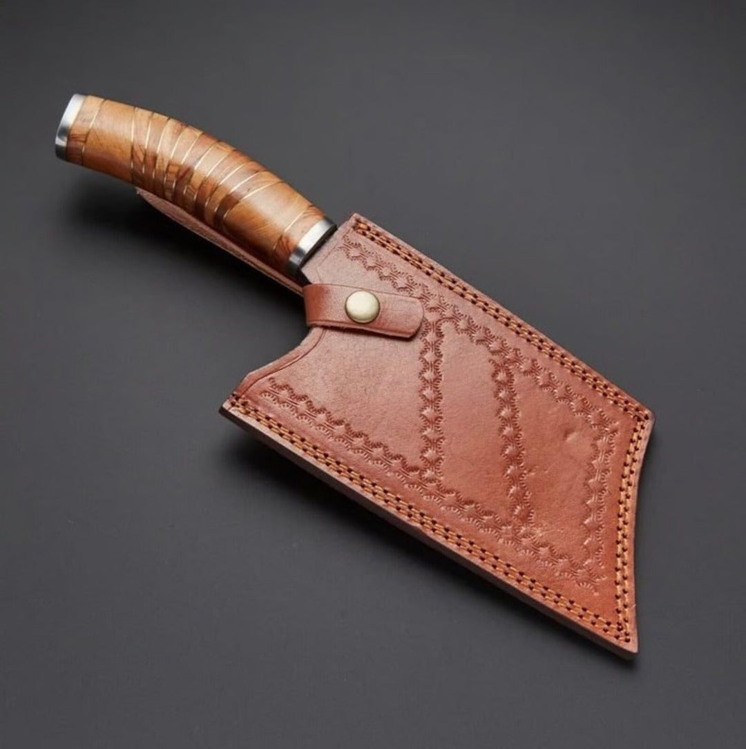 Handmade Damascus Cleaver Knife Fixed Blade with Leather Wrapped Handle & Leather Sheath | Bushcraft Camping Meat Cleave
