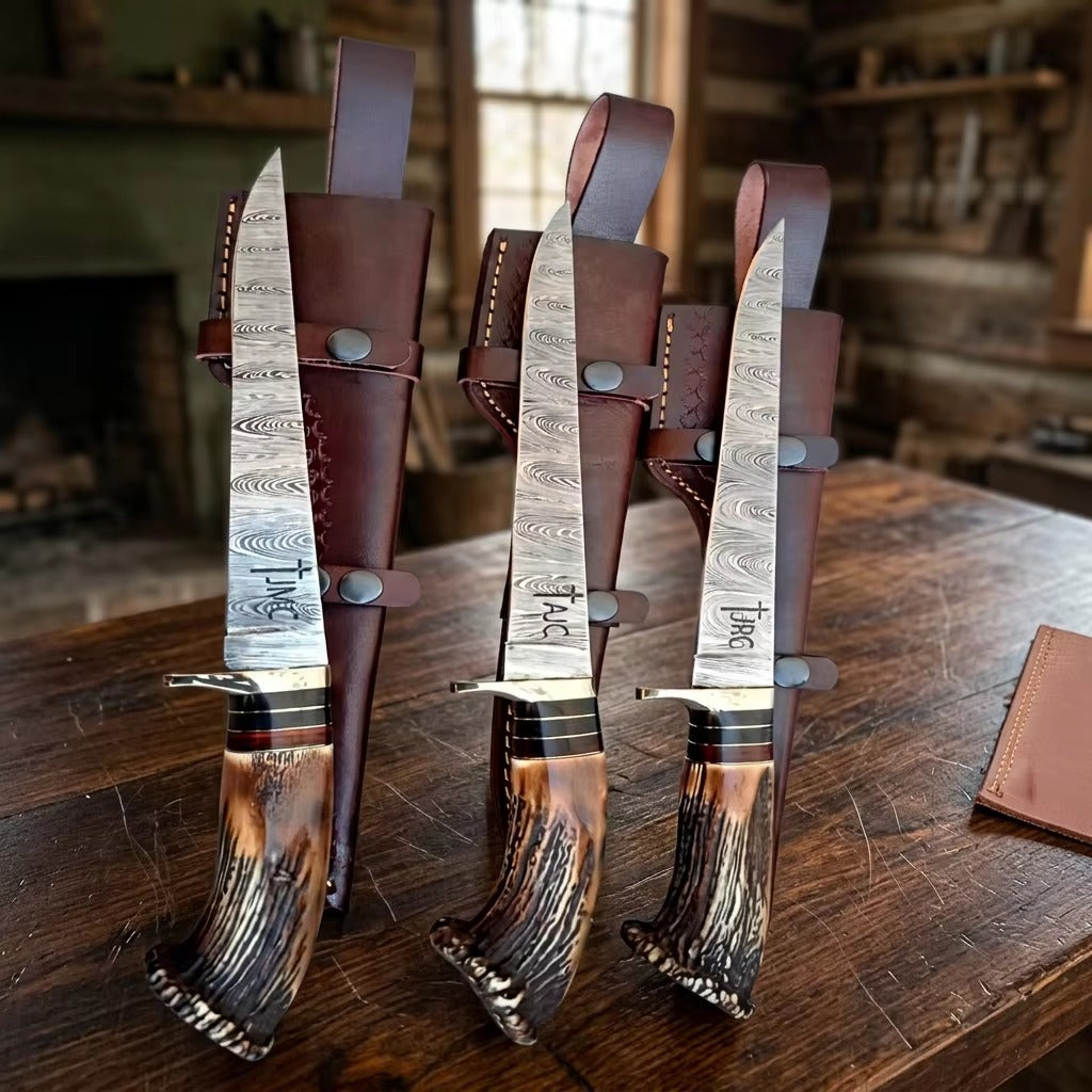 13" Custom Handmade Damascus Steel Hunting Knife with Premium Crown Stag Handle & Genuine Leather Sheath – FREE Custom Name Engraving