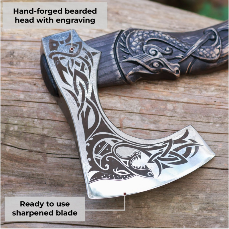 Hand Forged Black Viking Axe, 3D Dragon Carved Wooden Handle, Norse Bearded Hatchet, Custom Groomsmen Gift, Fantasy Cosplay Weapon, Gift for Men