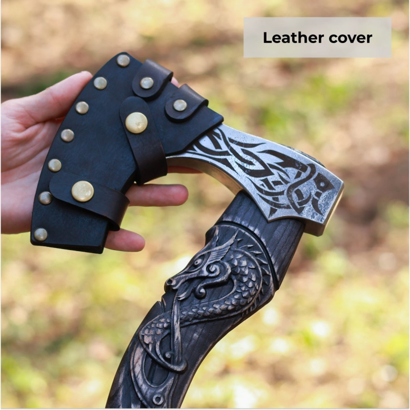 Hand Forged Black Viking Axe, 3D Dragon Carved Wooden Handle, Norse Bearded Hatchet, Custom Groomsmen Gift, Fantasy Cosplay Weapon, Gift for Men