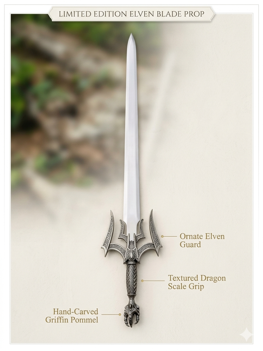 High Elf Fantasy Blade Display Prop, Handcrafted Elven Replica Wall Hanging Decor, Birthday Gift for Gamer, Blunt Blade History Collectible