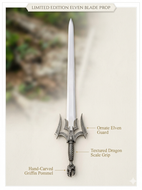 High Elf Fantasy Blade Display Prop, Handcrafted Elven Replica Wall Hanging Decor, Birthday Gift for Gamer, Blunt Blade History Collectible