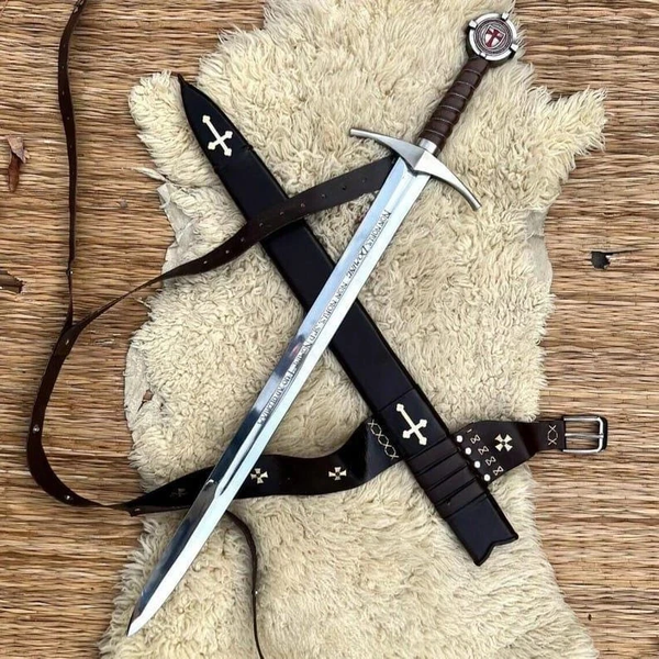 Hand Forged Knights Templar Accolade Sword, High Carbon Steel Medieval Crusader Longsword with Leather Scabbard, Battle Ready Functional Sword, Groomsmen Gift, Collectible Replica, Gifts for Him