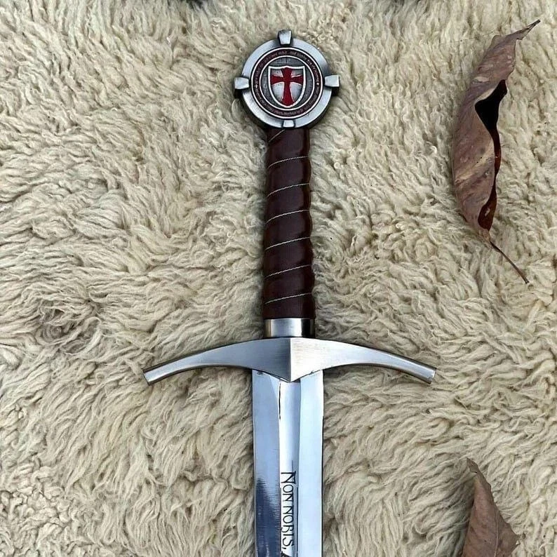 Hand Forged Knights Templar Accolade Sword, High Carbon Steel Medieval Crusader Longsword with Leather Scabbard, Battle Ready Functional Sword, Groomsmen Gift, Collectible Replica, Gifts for Him