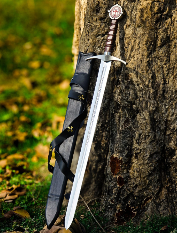 Hand Forged Knights Templar Accolade Sword, High Carbon Steel Medieval Crusader Longsword with Leather Scabbard, Battle Ready Functional Sword, Groomsmen Gift, Collectible Replica, Gifts for Him