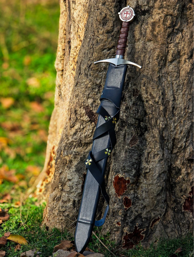 Hand Forged Knights Templar Accolade Sword, High Carbon Steel Medieval Crusader Longsword with Leather Scabbard, Battle Ready Functional Sword, Groomsmen Gift, Collectible Replica, Gifts for Him