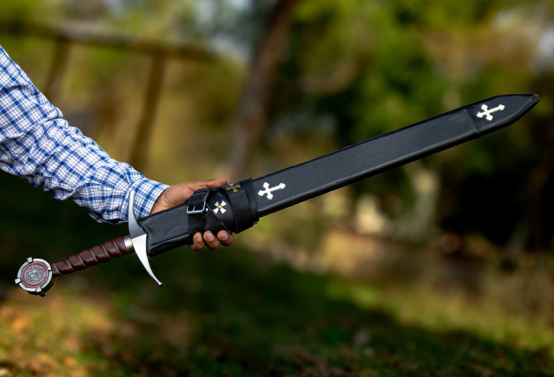 Hand Forged Knights Templar Accolade Sword, High Carbon Steel Medieval Crusader Longsword with Leather Scabbard, Battle Ready Functional Sword, Groomsmen Gift, Collectible Replica, Gifts for Him
