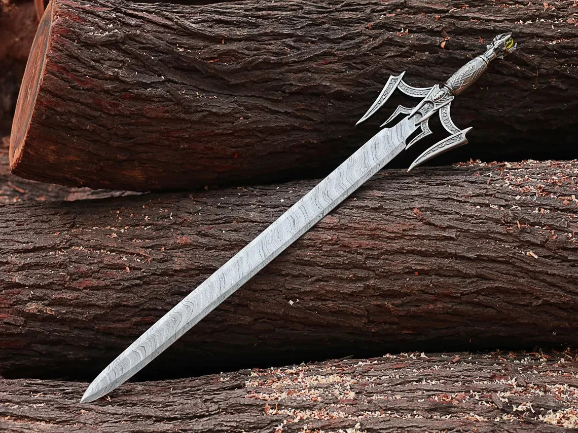 Custom Handmade Damascus Steel Fantasy Sword | Forged Witcher &amp; Dragon Style Movie Replica Sword | Premium Cosplay Collectible &amp; Tactical Sword