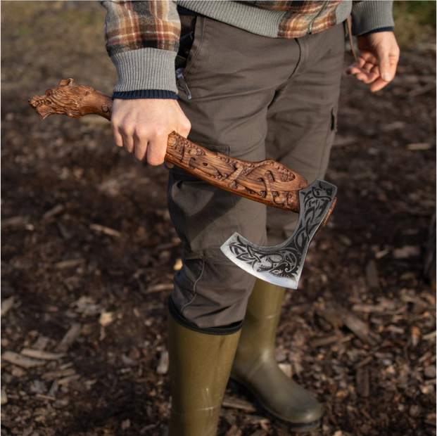 Hand Forged Wolf Viking Axe with Leather Sheath, Custom 3D Carved Norse Bearded Hatchet, Fenrir Wolf Groomsmen Gift, Fantasy Cosplay Medieval Weapon, Gift for Husband