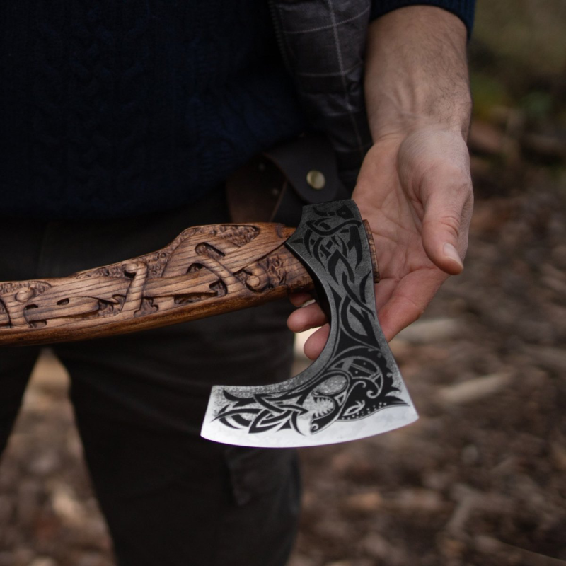 Hand Forged Wolf Viking Axe with Leather Sheath, Custom 3D Carved Norse Bearded Hatchet, Fenrir Wolf Groomsmen Gift, Fantasy Cosplay Medieval Weapon, Gift for Husband