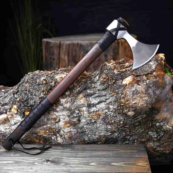 Hand Forged Two-Handed Viking Axe with Black Leather Wrap, Custom Long Handle Danish Bearded Hatchet with Sheath, Groomsmen Gift, Gift for Husband
