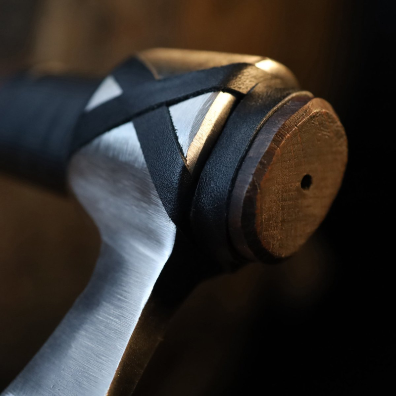 Hand Forged Two-Handed Viking Axe with Black Leather Wrap, Custom Long Handle Danish Bearded Hatchet with Sheath, Groomsmen Gift, Gift for Husband