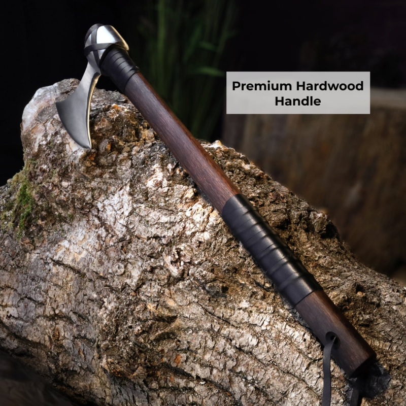 Hand Forged Two-Handed Viking Axe with Black Leather Wrap, Custom Long Handle Danish Bearded Hatchet with Sheath, Groomsmen Gift, Gift for Husband