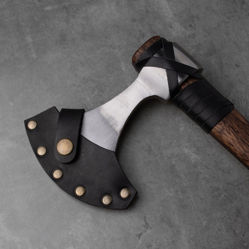 Hand Forged Two-Handed Viking Axe with Black Leather Wrap, Custom Long Handle Danish Bearded Hatchet with Sheath, Groomsmen Gift, Gift for Husband