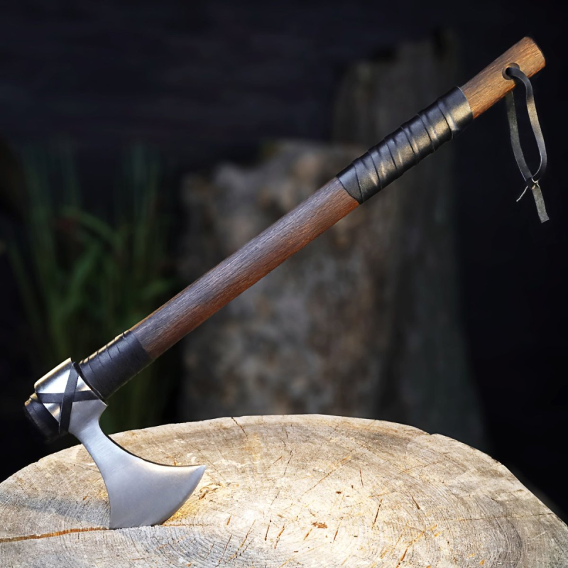 Hand Forged Two-Handed Viking Axe with Black Leather Wrap, Custom Long Handle Danish Bearded Hatchet with Sheath, Groomsmen Gift, Gift for Husband